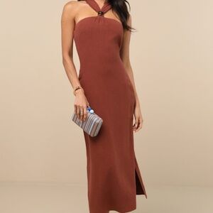 Lulus Calessia Rust Brown Linen Halter Neck Midi Dress - Size XL